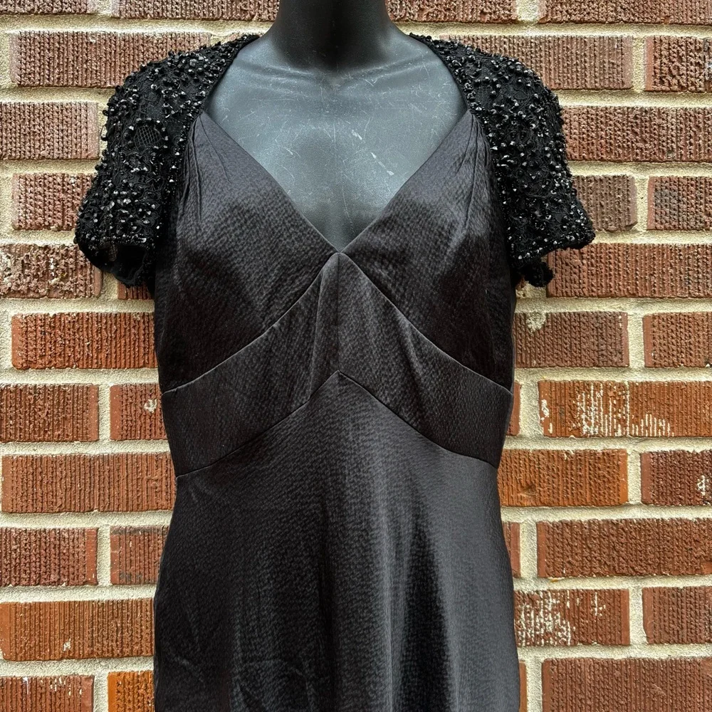 Badgley Mishka Sz 8 Short sleeve Beaded Lace Fit & Flare Silk Black Maxi Dress - Picture 4 of 12